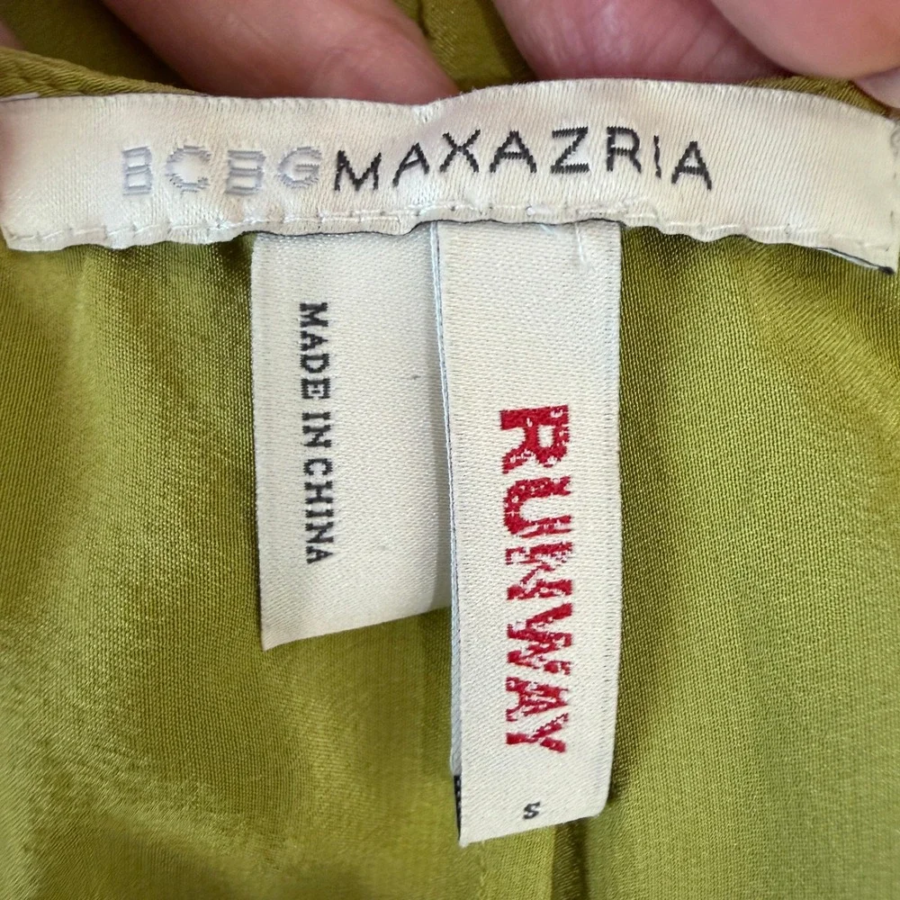 BCBGMAXAZRIA S Runway Silk Dress Chartreuse Green Embroidered Eyelet Luxury